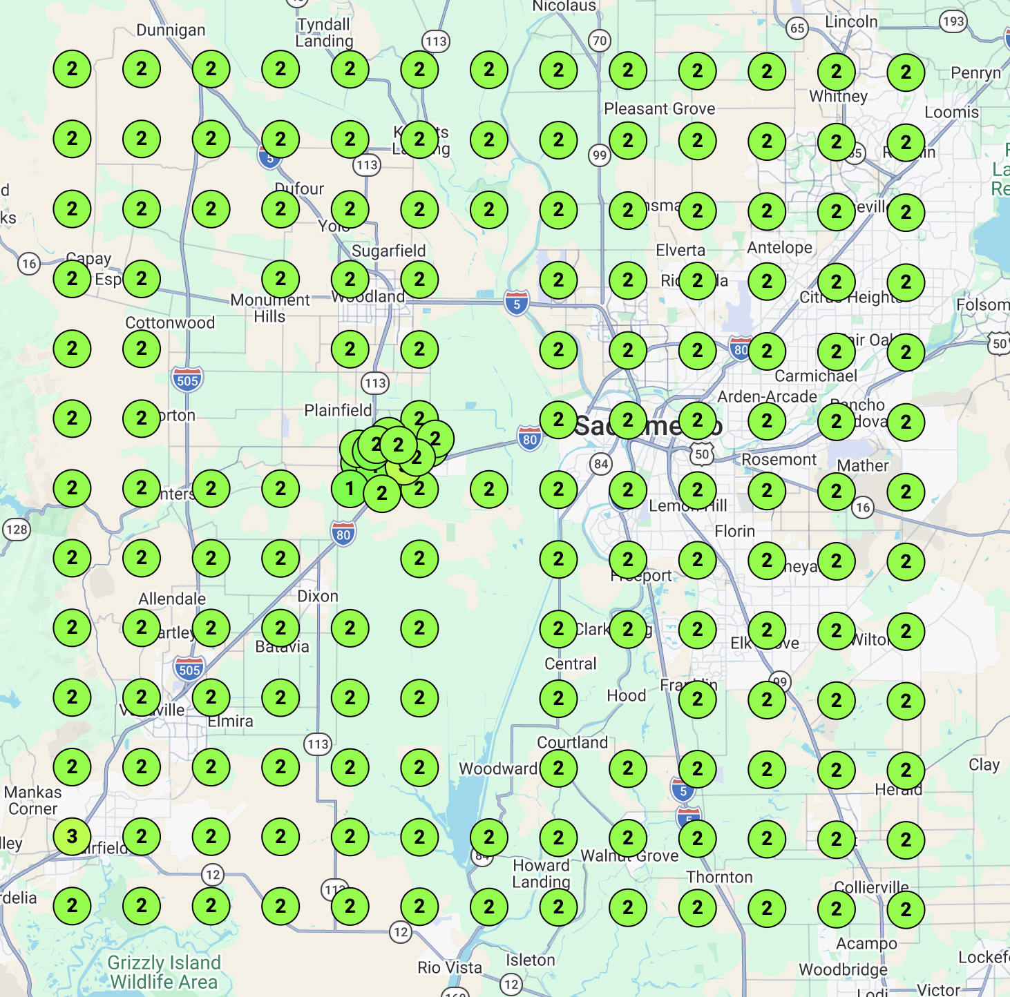 Heatmap showing top 3 Google Maps rankings across the city after Upshift Marketing optimization