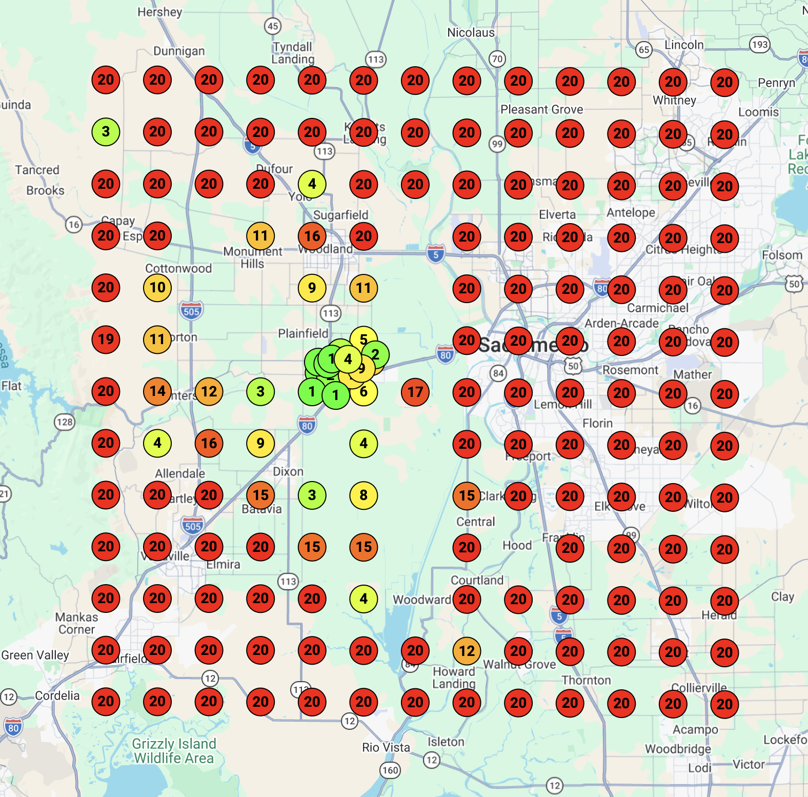 Heatmap showing poor Google Maps rankings before Upshift Marketing optimization